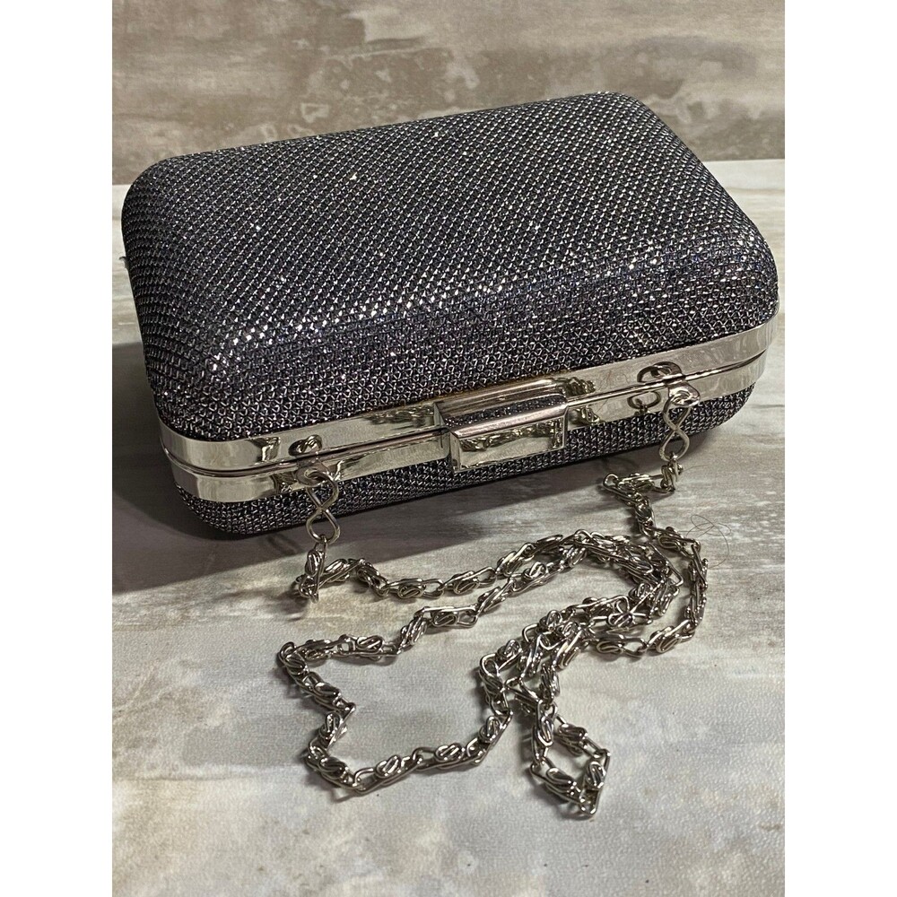 Jessica McClintock Purse Hard Case Evening Bag w/ Chain Strap Silver Glitter